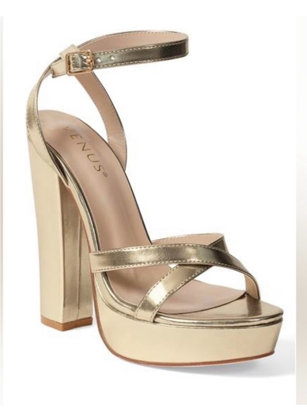 Metallic Gold Platform Block Heel Sandal with Ankle Strap